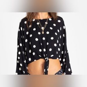 Billabong Black & White Polka Dot Crop Tie Front Blouse Size Large USED ONCE